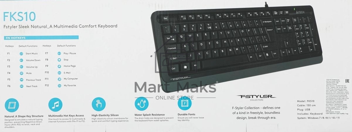 Клавиатура проводная A4Tech Fstyler FKS10, USB, черный/серый