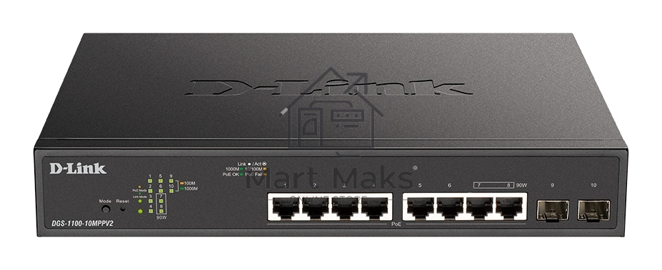 Коммутатор D-Link DGS-1100-10MPPV2/A3A, 8×1 Гбит/с + 2×1 Гбит/с SFP, настраиваемый