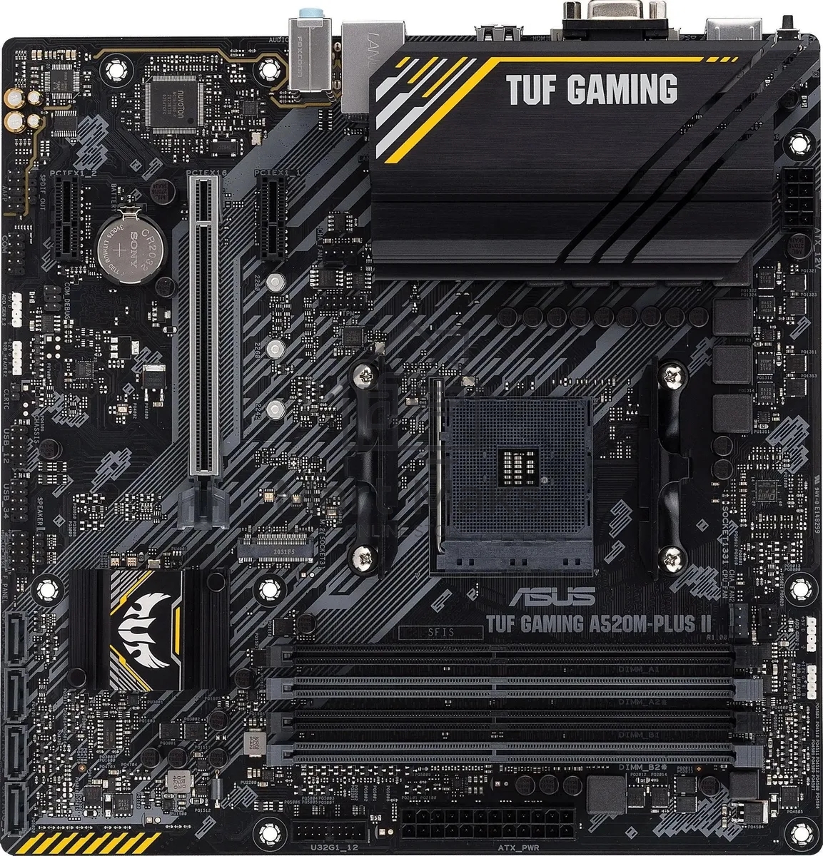 Материнская плата ASUS TUF GAMING A520M-PLUS II, AM4, AMD A520, 4xDDR4, 4xSATA, 1xM.2, 1xPCI-E 3.0 x16, 2xPCI-E x1, 1xHDMI, 1xDP, 1xVGA, 1x 1Gb LAN, 4xUSB 3.2 Gen 1, 2xUSB 2.0, 3x3.5 мм, 7.1, Micro-ATX