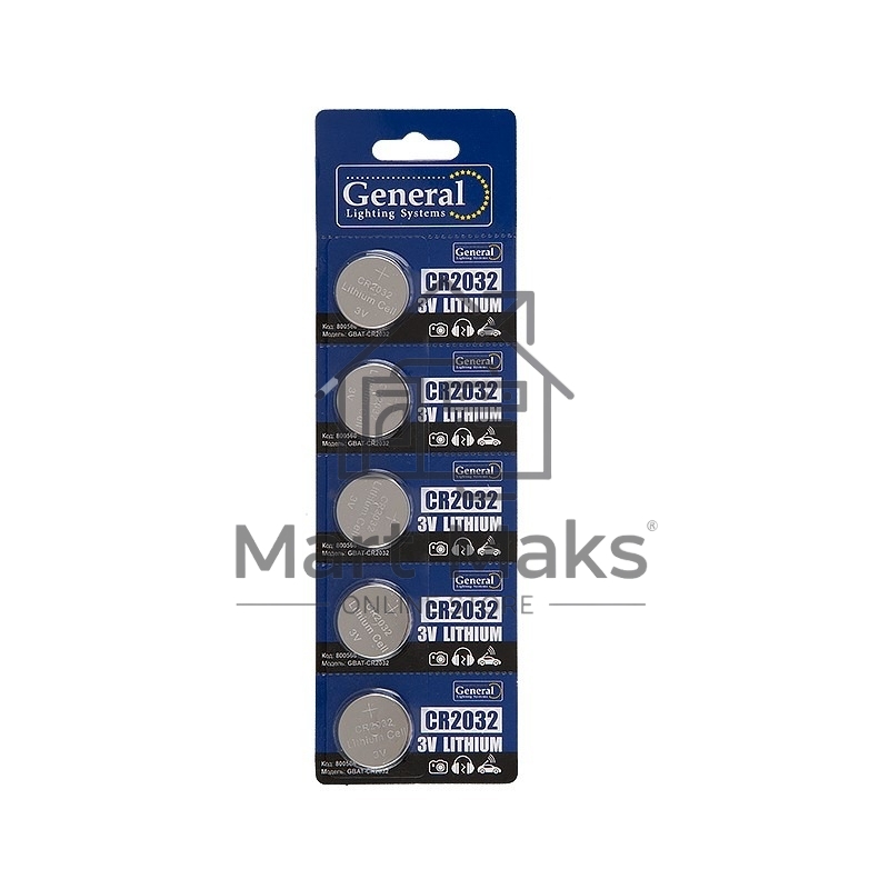 Батарейка General GBAT-CR2032 кнопочная литиевая 5шт в блист (800568) (5/100/2000)