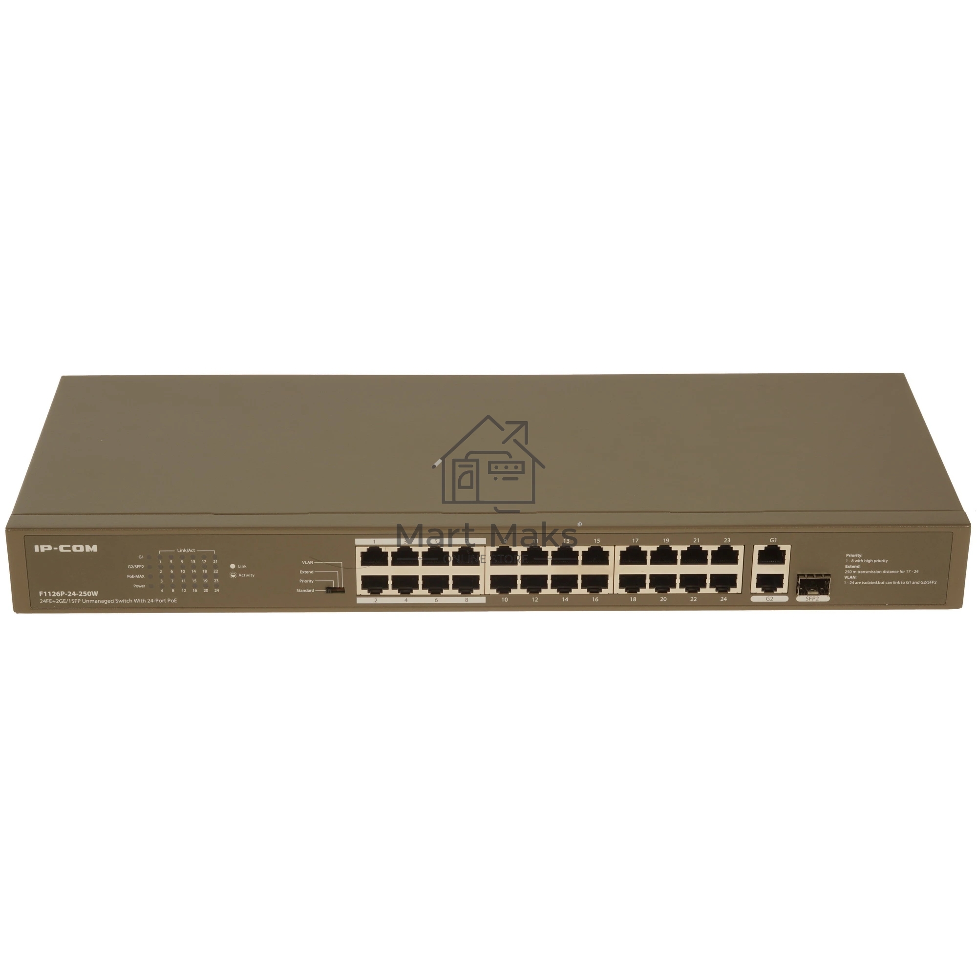 Коммутатор IP-COM F1126P-24-250W, 24×100 Мбит/с PoE + 1×1 Гбит/с + 1×1 Гбит/с Комбо (RJ45/SFP), неуправляемый