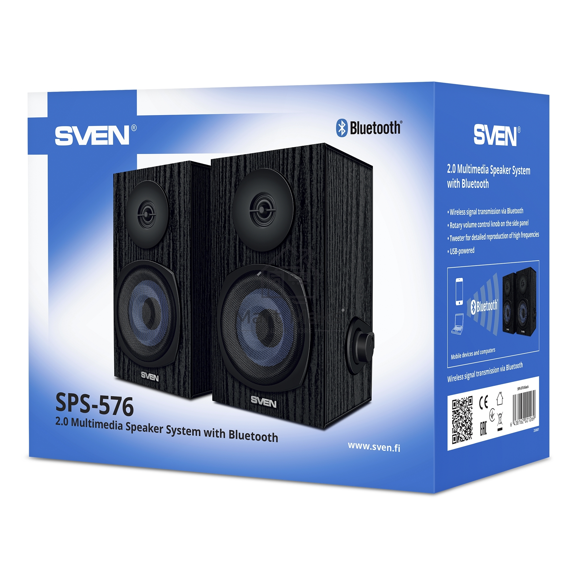 Колонки 2.0 SVEN SPS-576 чёрные (2x4W, Bluetooth, дерево)