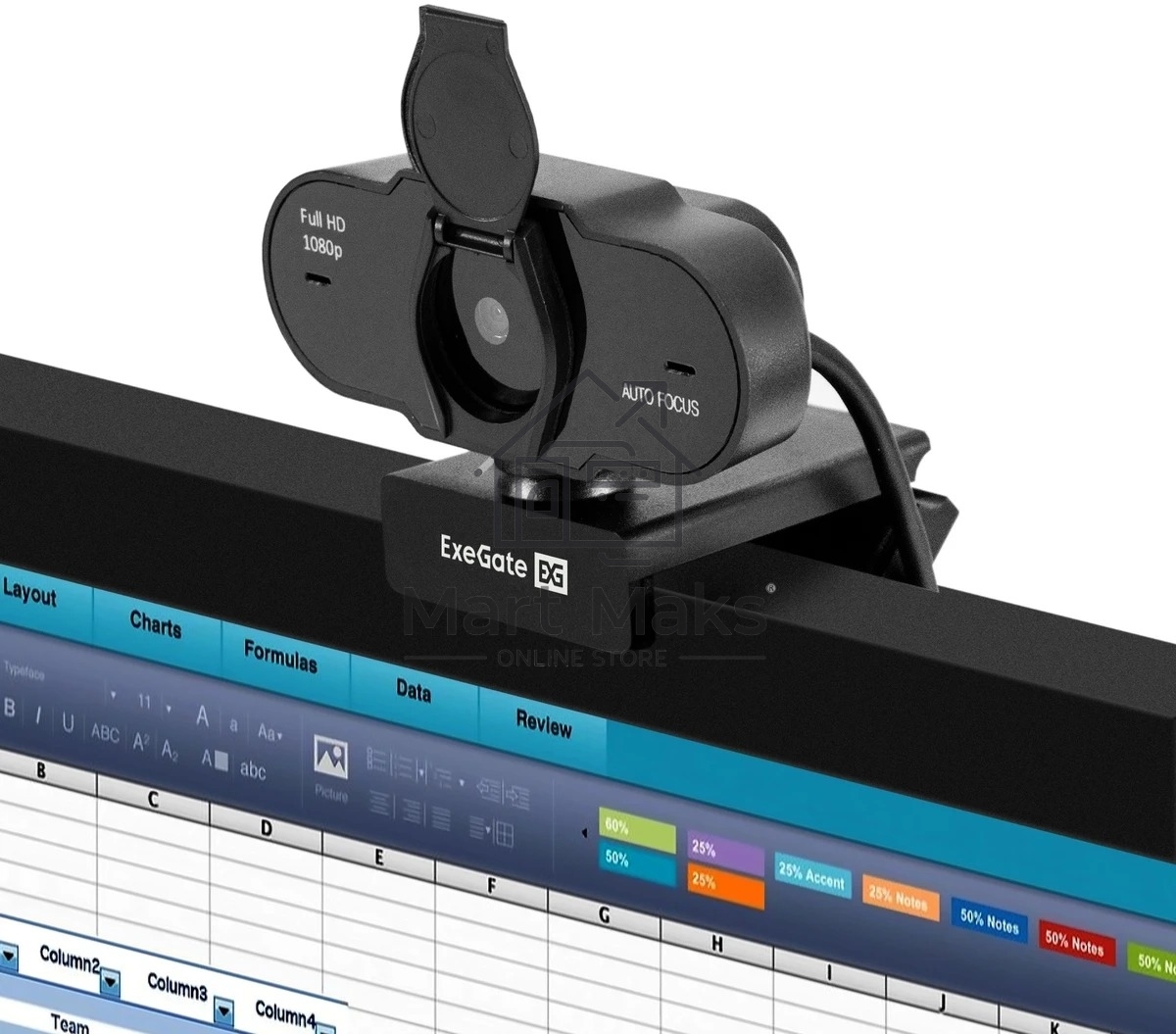 Веб-камера ExeGate BlackView C931 Full HD AF (2Мп, 1920х1080, 1080P, 30fps, автоматический фокус, защитная шторка, 4-линзовый объектив, микрофон с шумоподавлением, универсальное крепление, отверстие под штатив, USB, кабель 1,5 м, Windows 7/8/10/11, Mac OS