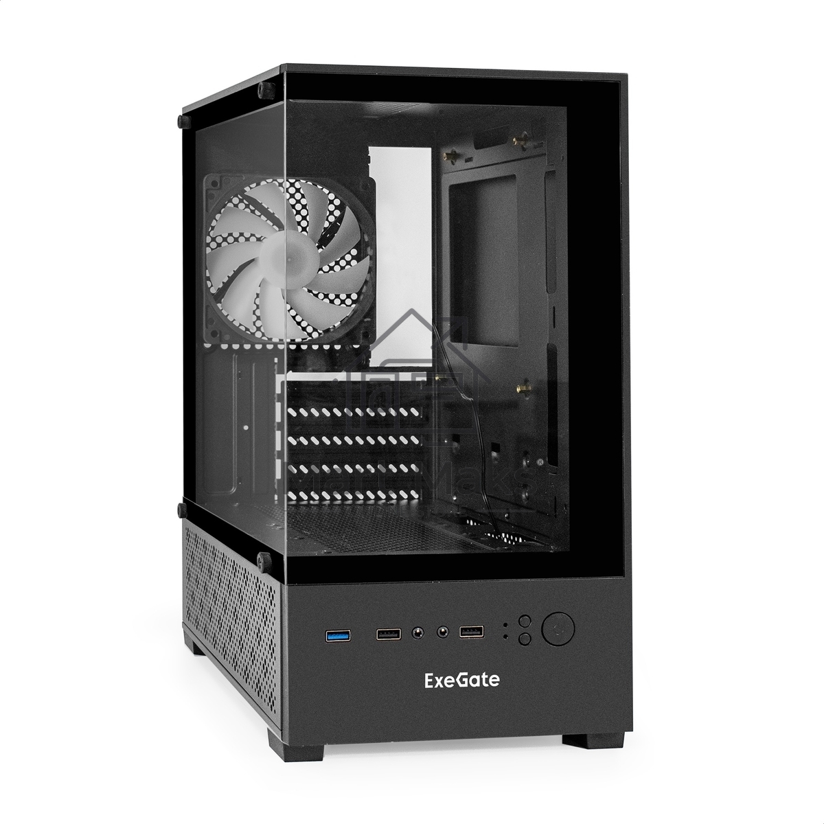 Компьютерный корпус Minitower ExeGate i3 SEA-NPX650 (mATX, БП 650NPX, 2*USB+1*USB3.0, HD аудио, черный, 1 вент. 12см с RGB подсветкой, передняя и боковая панели - закаленное стекло)