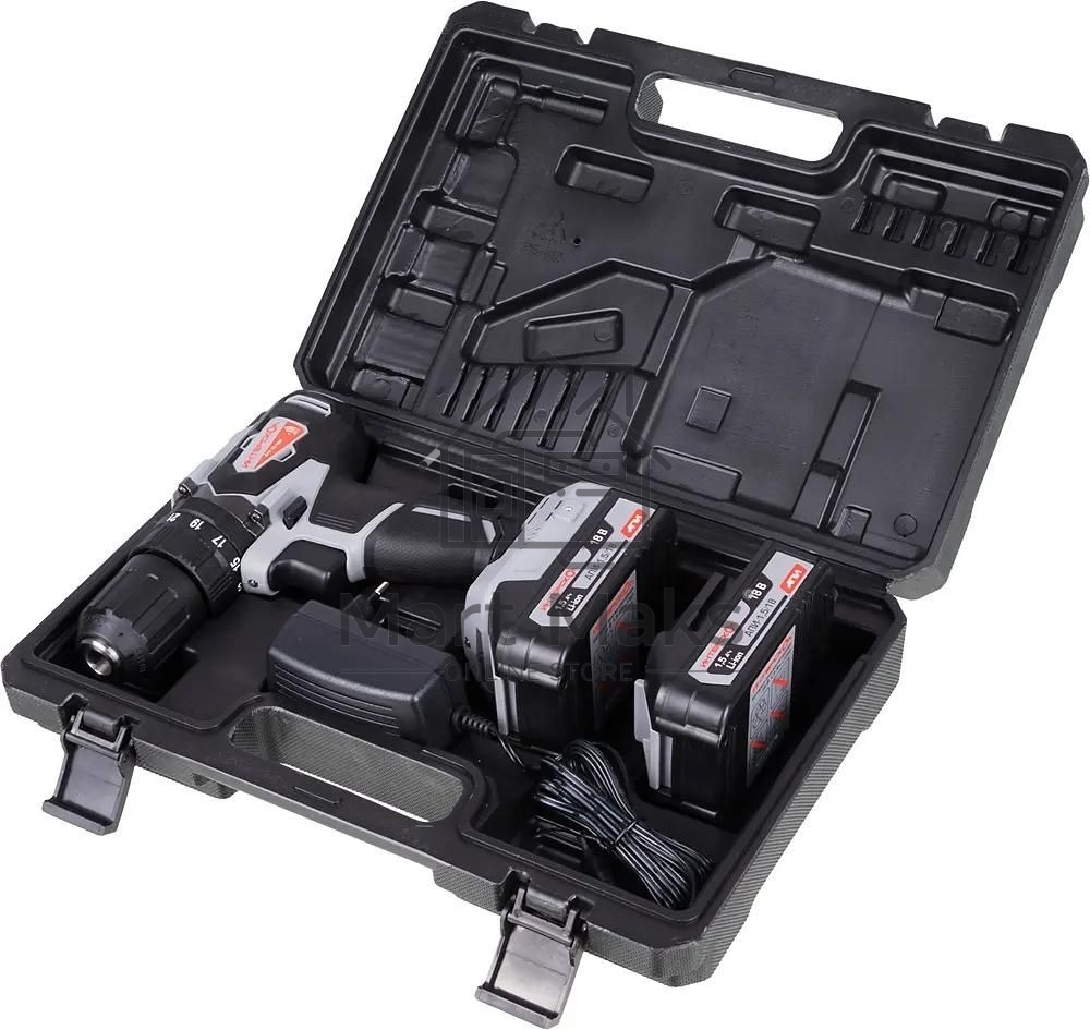 Дрель-шуруповерт аккумуляторная ИНТЕРСКОЛ ДАУ-13/18ВК, Аккумуляторный, 18В, 2 АКБ, Ударный, Кейс