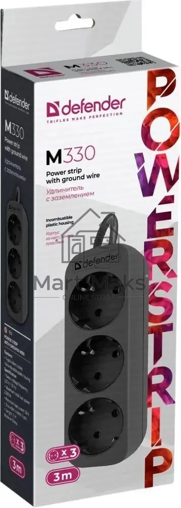 Удлинитель cетевой Defender M330 черный, 3 м, EURO, 3 розетки, 2200 Вт