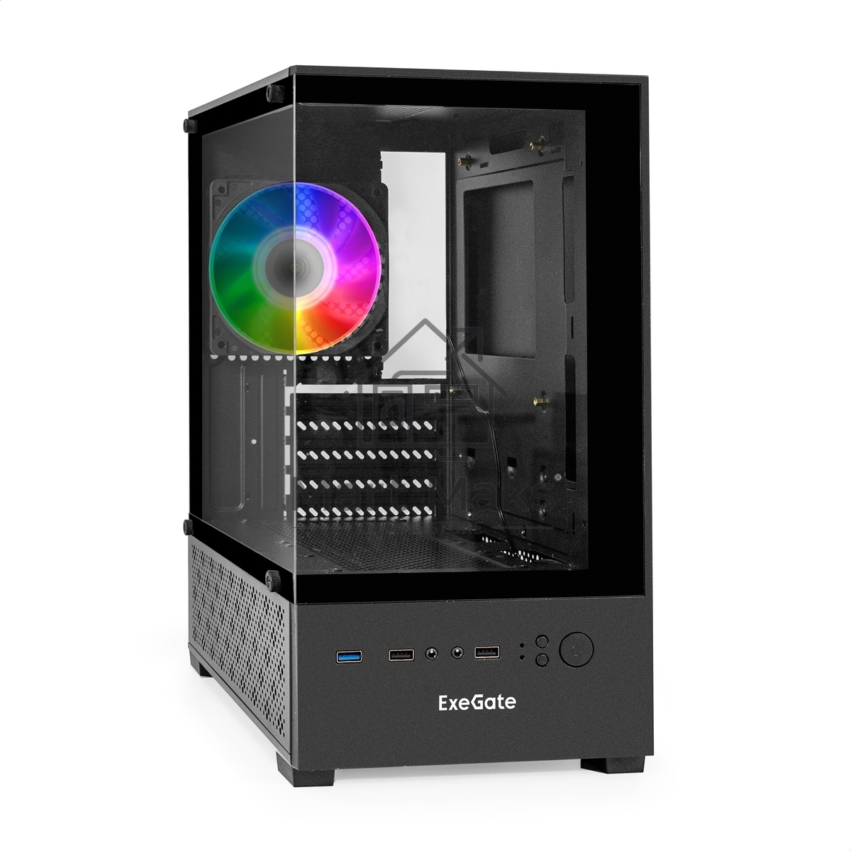 Компьютерный корпус Minitower ExeGate i3 SEA-NPX650 (mATX, БП 650NPX, 2*USB+1*USB3.0, HD аудио, черный, 1 вент. 12см с RGB подсветкой, передняя и боковая панели - закаленное стекло)