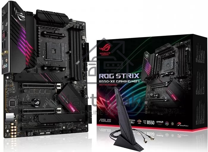 Материнская плата ASUS ROG STRIX B550-XE GAMING WIFI, AM4, AMD B550, 4xDDR4, 6xSATA, 2xM.2, 1xPCI-E 4.0 x16, 1xPCI-E 4.0 x8, 1xPCI-E 3.0 x4, 1xHDMI, 1xDP, 1x 2.5Gb LAN, 2xUSB-A 3.2 Gen 2, 1xUSB-C 3.2 Gen 2, 4xUSB 2.0, 5x3.5 мм, 7.1, Standard-ATX