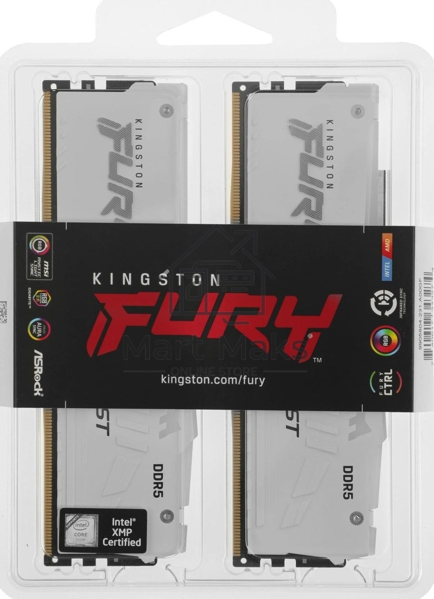 Оперативная память Kingston FURY Beast White RGB, DDR5, 64GB (2x32 GB), 6000 MHz, CL30, радиатор, RGB, белый