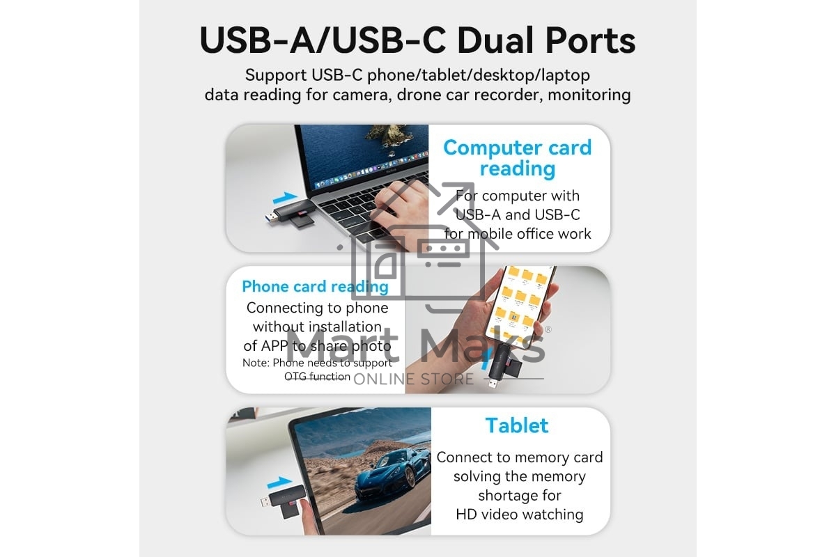 Кард-ридер Vention CLKB0/черный/SD,SDHC,SDXC,TF,micro-SD,micro-SDXC,miсro-SDHC/USB 3.0/Type C/OTG/пластик