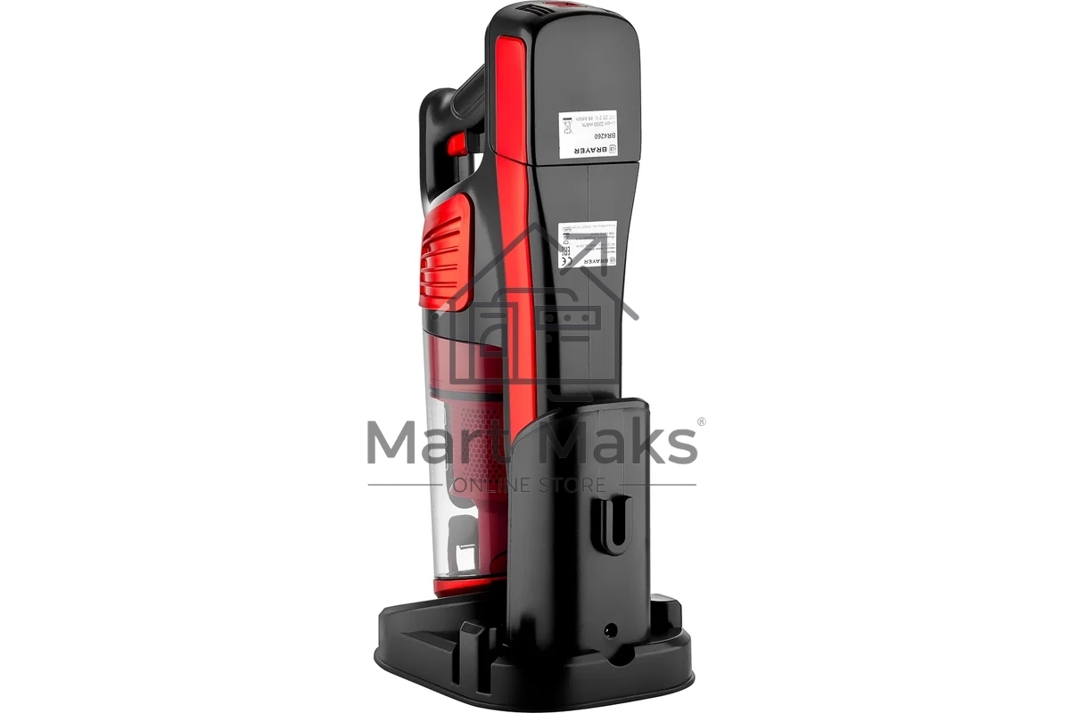 Пылесос вертикальный BRAYER BR4260 красный, питание от аккумулятора, 120 Вт, уборка сухая, пылесборник 0.6 л, работа от АКБ max 40 мин