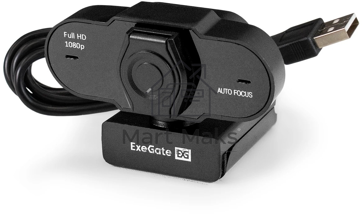 Веб-камера ExeGate BlackView C931 Full HD AF (2Мп, 1920х1080, 1080P, 30fps, автоматический фокус, защитная шторка, 4-линзовый объектив, микрофон с шумоподавлением, универсальное крепление, отверстие под штатив, USB, кабель 1,5 м, Windows 7/8/10/11, Mac OS
