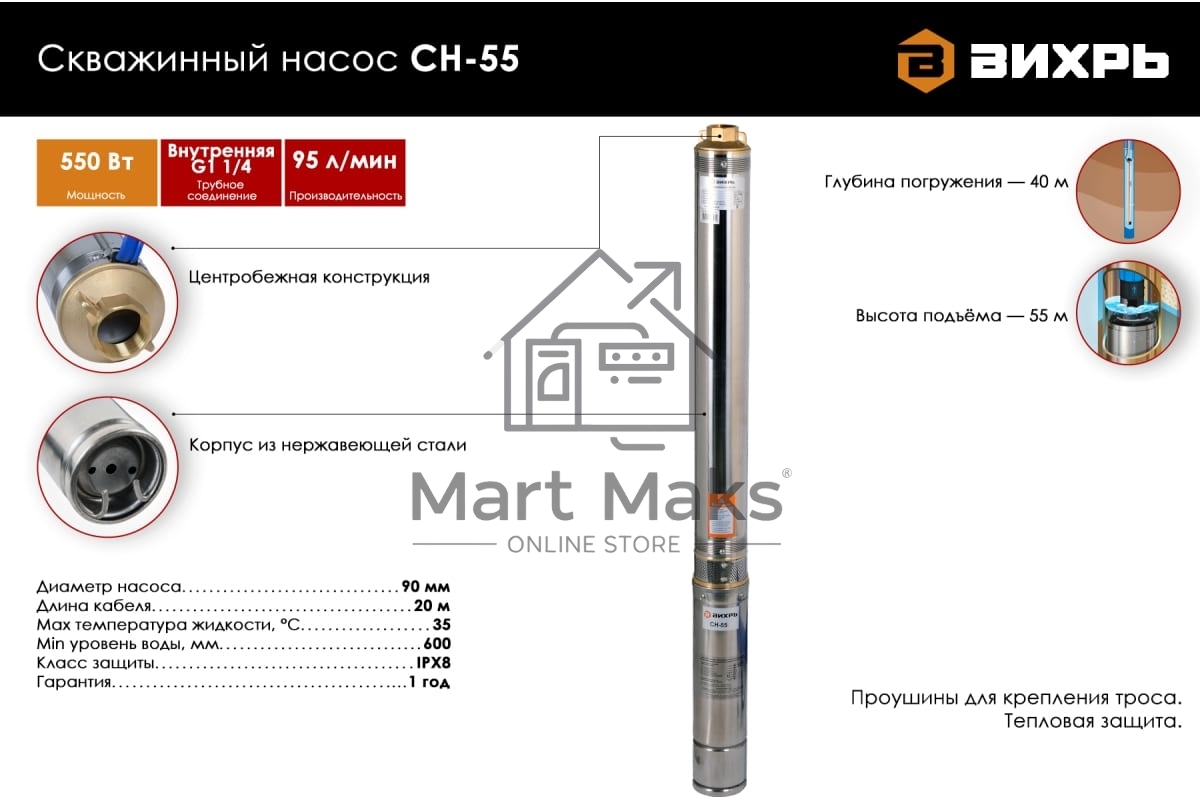 Садовый насос Вихрь СН-55, скважинный 68/3/9