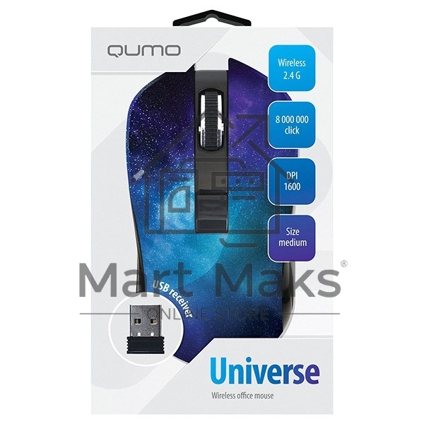 Мышь беспроводная Qumo Office M27 Universe синий, 1600 dpi, радиоканал, USB, кнопки - 4