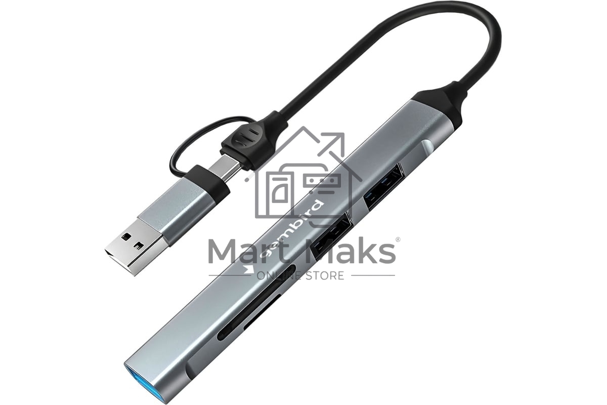 Кард-ридер Type-C/USB-A (3.1) Gembird 5в1: 2xUSB 2.0, USB3.1, SD/TF, кабель 10 см, алюминий