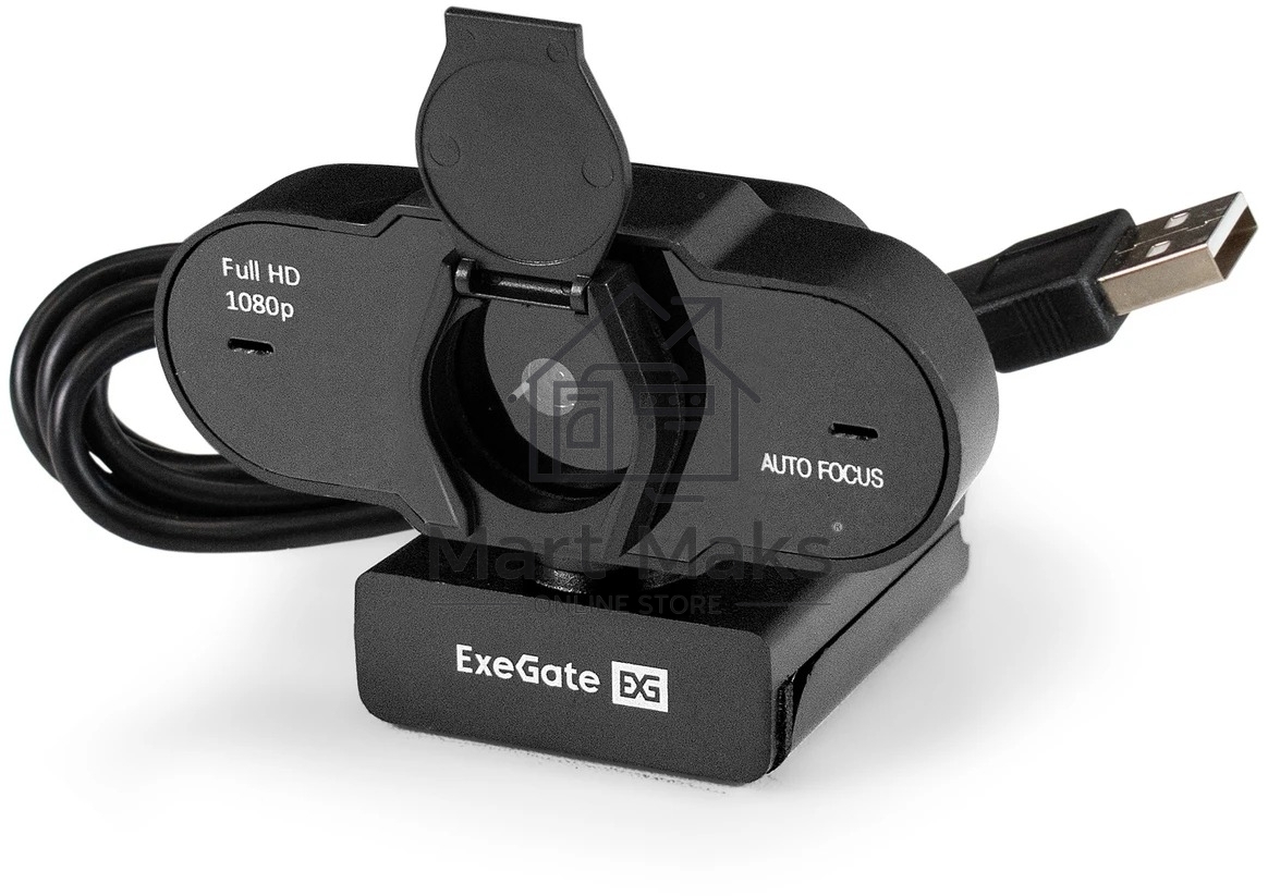 Веб-камера ExeGate BlackView C931 Full HD AF (2Мп, 1920х1080, 1080P, 30fps, автоматический фокус, защитная шторка, 4-линзовый объектив, микрофон с шумоподавлением, универсальное крепление, отверстие под штатив, USB, кабель 1,5 м, Windows 7/8/10/11, Mac OS
