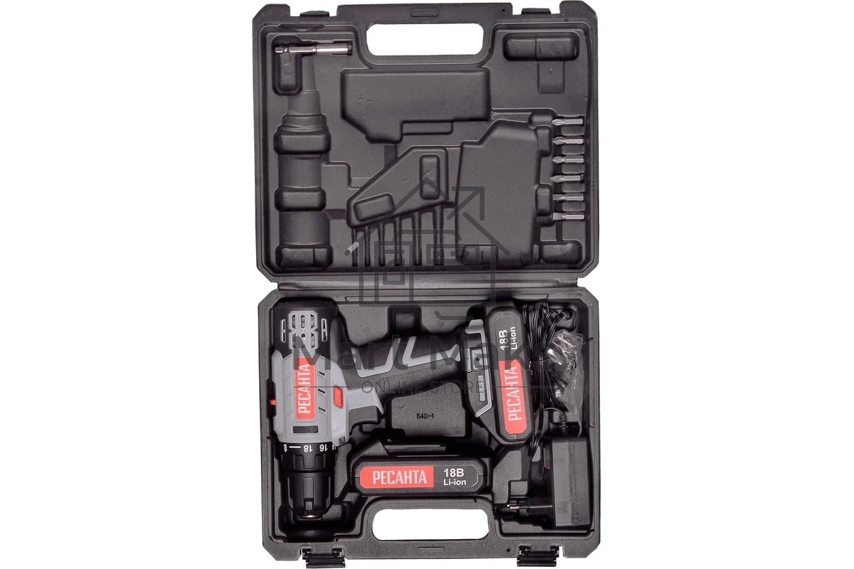 Дрель-шуруповерт аккумуляторная Ресанта ДА-18-2ЛК 75/14/5, Аккумуляторная, 18В, 2 АКБ, Кейс