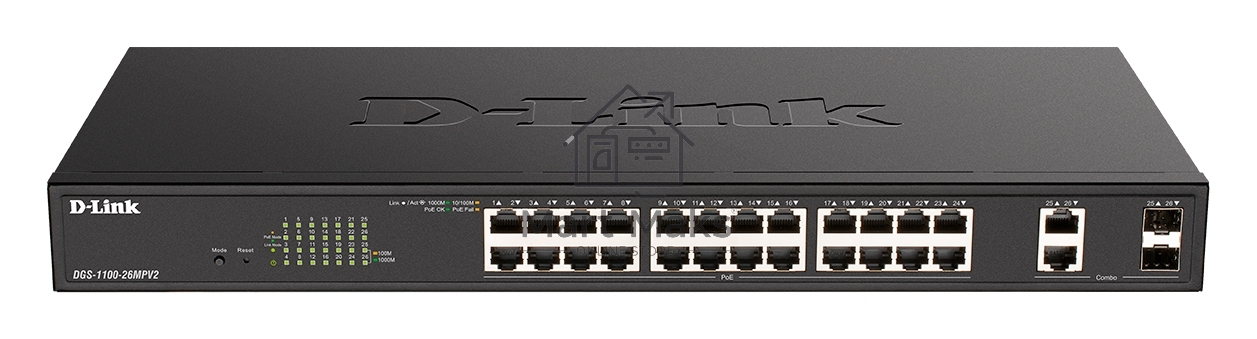 Коммутатор D-Link DGS-1100-26MPV2/A3A, 24×1 Гбит/с + 2×1 Гбит/с SFP, настраиваемый