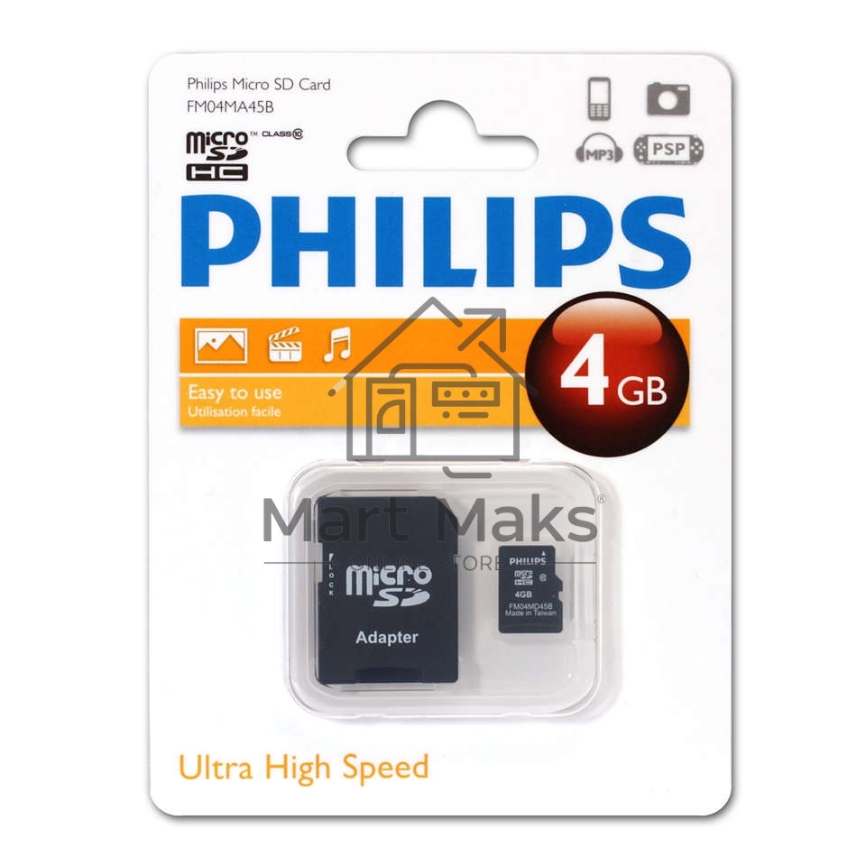 Флеш карта microSD 4GB PHILIPS microSDHC Class 10 (SD адаптер)