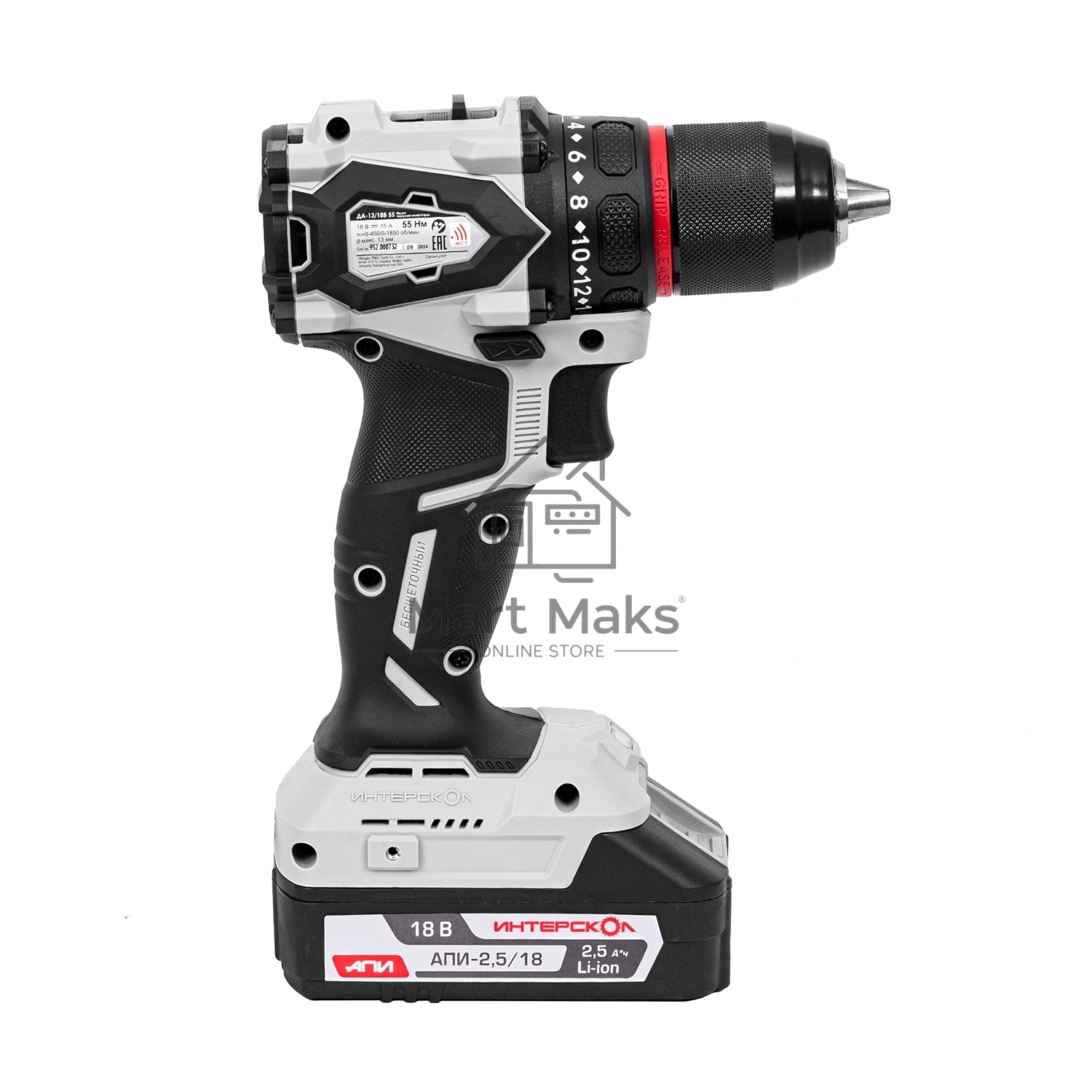 Дрель-шуруповерт Интерскол ДА-13/18В 55 без аккум. и ЗУ 600Вт аккум. патрон:быстрозажимной (952.0.0.70)