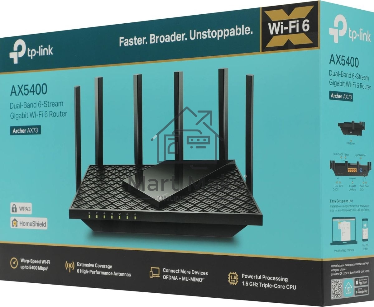 Роутер TP-Link Archer AX73 AX5400 Dual Band Wireless Gigabit Router, 1.5 GHz Tri-Core CPU, 1 GE WAN + 4 GE LAN ports, 1× USB 3.0 Port, support 1024-QAM, OFDMA, MU-MIMO, Airtime Fairness, Beamforming, 160MHz Channel Width, come with HomeShieldTM, support R