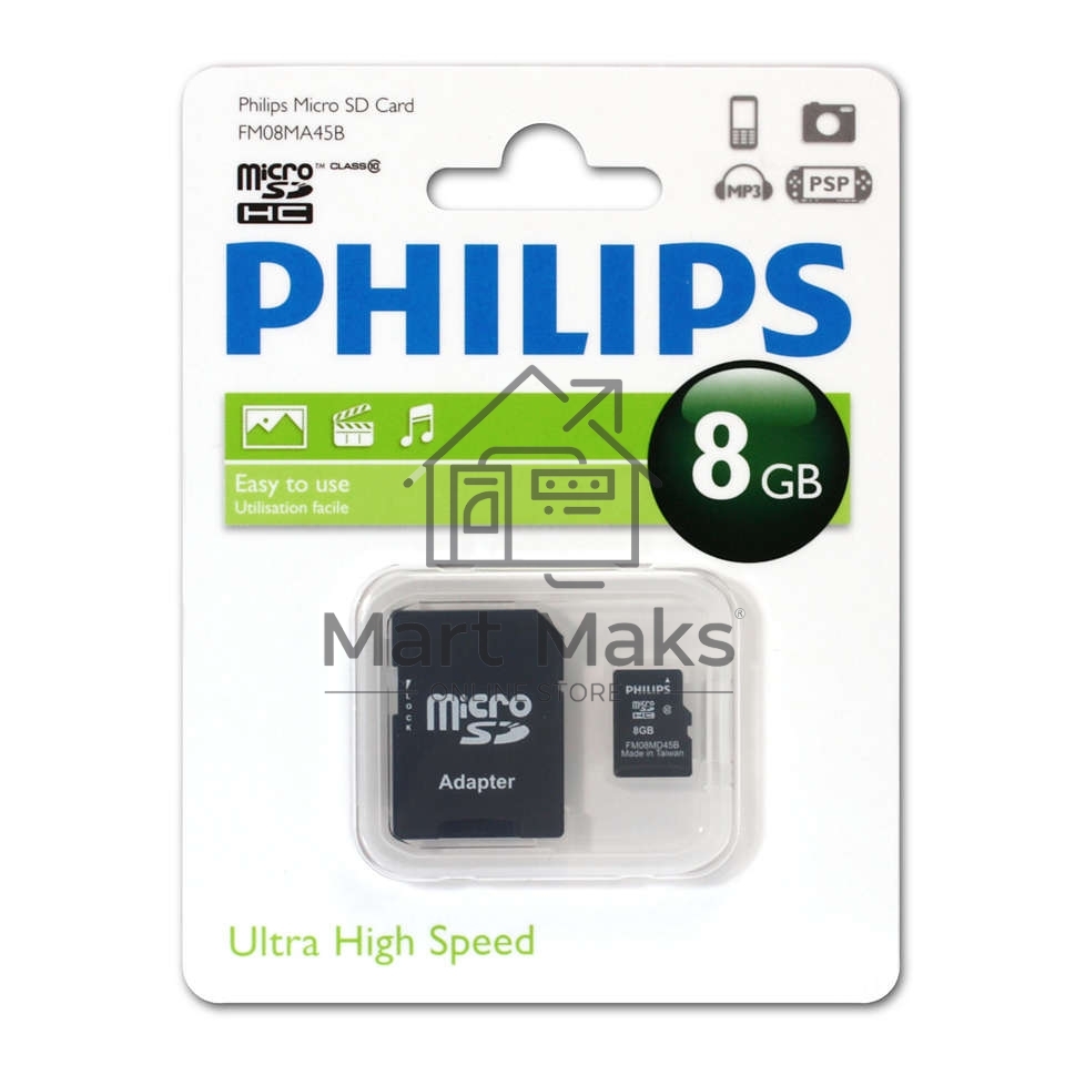 Флеш карта microSD 8GB PHILIPS microSDHC Class 10 (SD адаптер)