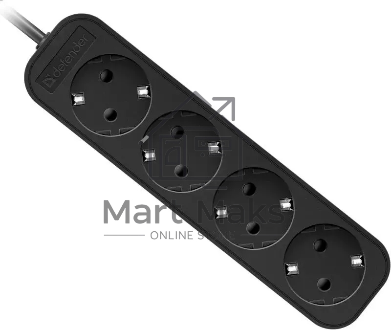 Удлинитель Defender M418 черный, 1.8 м, EURO, 4 розетки, 2200 Вт