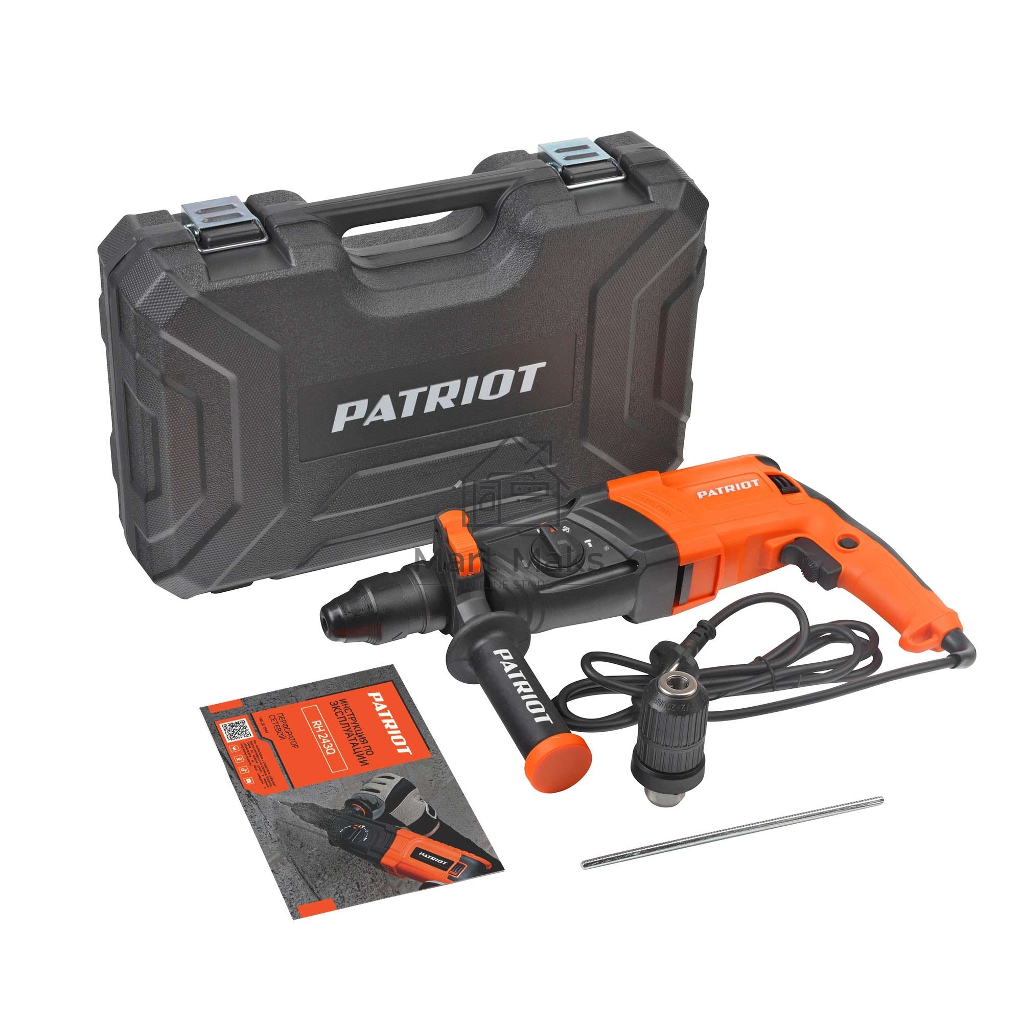 Перфоратор PATRIOT RH 243Q, SDS+, мощность 770 Вт, 2.6 Дж, 3 режима работы, быстросменный патрон QCC, макс.диаметр 24мм, глубиномер, кейс