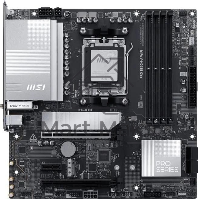 Материнская плата MSI PRO B850M-A WIFI, AM5, AMD B850, 4xDDR5, 4xSATA, 2xM.2, 1xPCIe 5.0 x16, 1xPCIe 4.0 x4, 1xPCIe 3.0 x1, 1xHDMI (v2.1), 1xDP (v1.4), 1x5Gb LAN, Wi-Fi 7, Bluetooth 5.4, 2xUSB-C 10Gbps, 3xUSB-A 10Gbps, 3xUSB-A 5Gbps, 2x3.5 мм, 7.1, mATX