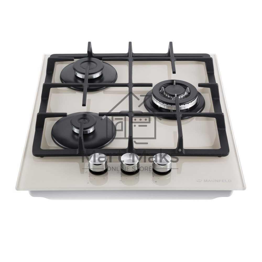 Газовая варочная панель Maunfeld EGHG.43.33CBG/G газ, ширина 45 см, 3 конфорки, WOK, чугунные решетки, газ-контроль, электроподжиг, бежевый