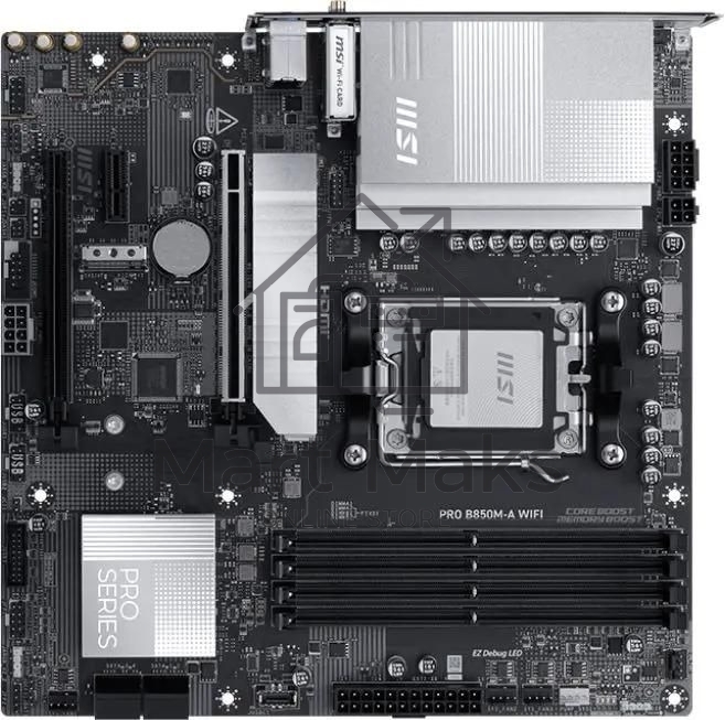 Материнская плата MSI PRO B850M-A WIFI, AM5, AMD B850, 4xDDR5, 4xSATA, 2xM.2, 1xPCIe 5.0 x16, 1xPCIe 4.0 x4, 1xPCIe 3.0 x1, 1xHDMI (v2.1), 1xDP (v1.4), 1x5Gb LAN, Wi-Fi 7, Bluetooth 5.4, 2xUSB-C 10Gbps, 3xUSB-A 10Gbps, 3xUSB-A 5Gbps, 2x3.5 мм, 7.1, mATX