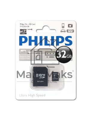 Флеш карта microSD 32GB PHILIPS microSDHC Class 10 (SD адаптер)