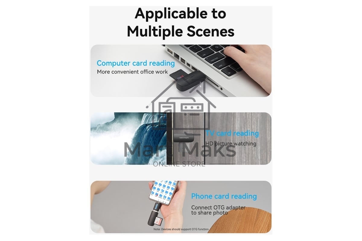 Кард-ридер Vention CLGB0/черный/SD,SDHC,SDXC,TF,micro-SD,micro-SDXC,miсro-SDHC/USB 3.0/пластик
