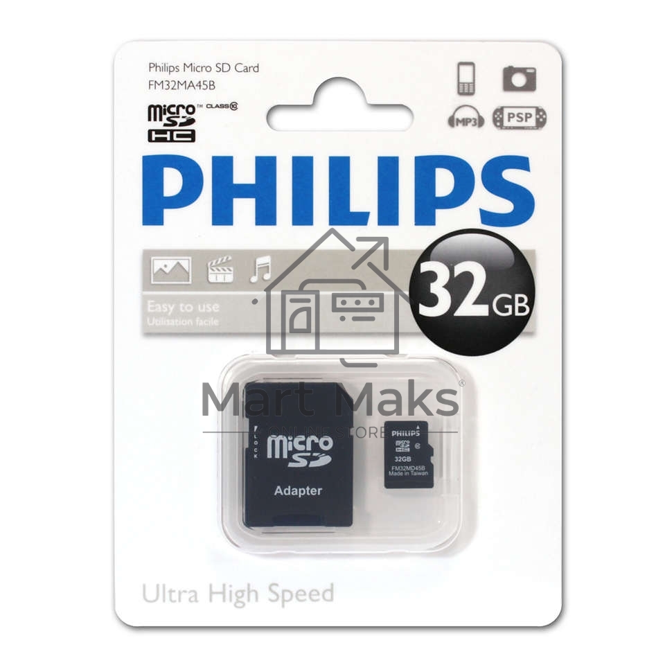 Флеш карта microSD 64GB PHILIPS microSDHC Class 10 (SD адаптер)