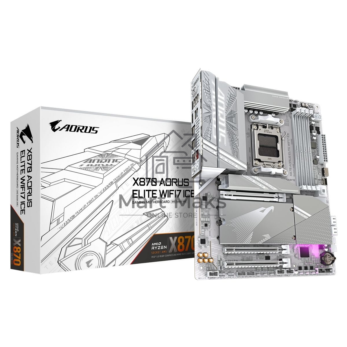 Материнская плата Gigabyte X870 AORUS ELITE WIFI7 ICE, AM5, AMD X870, 4xDDR5, 4xSATA, 4xM.2, 1xPCI-E 5.0 x16, 1xPCI-E 4.0 x4, 1xPCI-E 3.0 x2, 1xHDMI, 1x 2.5Gb LAN, 2xUSB-C 4.0, 2xUSB 3.2 Gen 2, 4xUSB 3.2 Gen 1, 4xUSB 2.0, 2x3.5 мм, 7.1, ATX