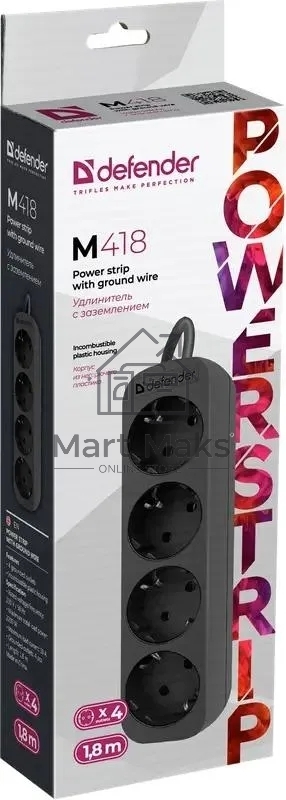 Удлинитель Defender M418 черный, 1.8 м, EURO, 4 розетки, 2200 Вт