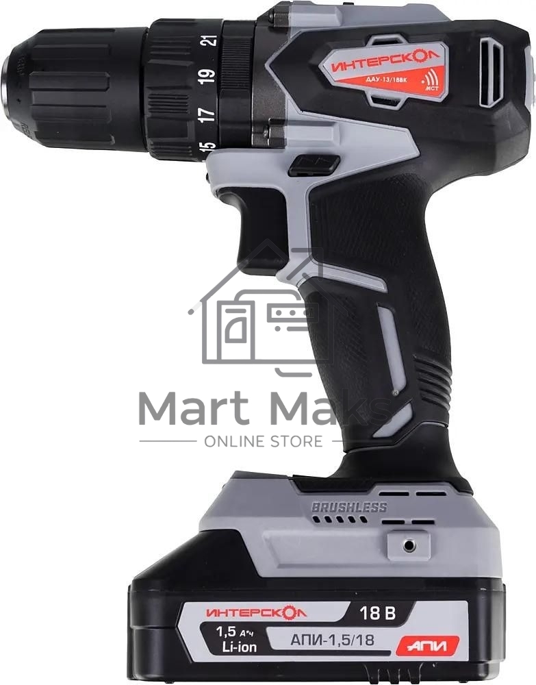 Дрель-шуруповерт аккумуляторная ИНТЕРСКОЛ ДАУ-13/18ВК, Аккумуляторный, 18В, 2 АКБ, Ударный, Кейс