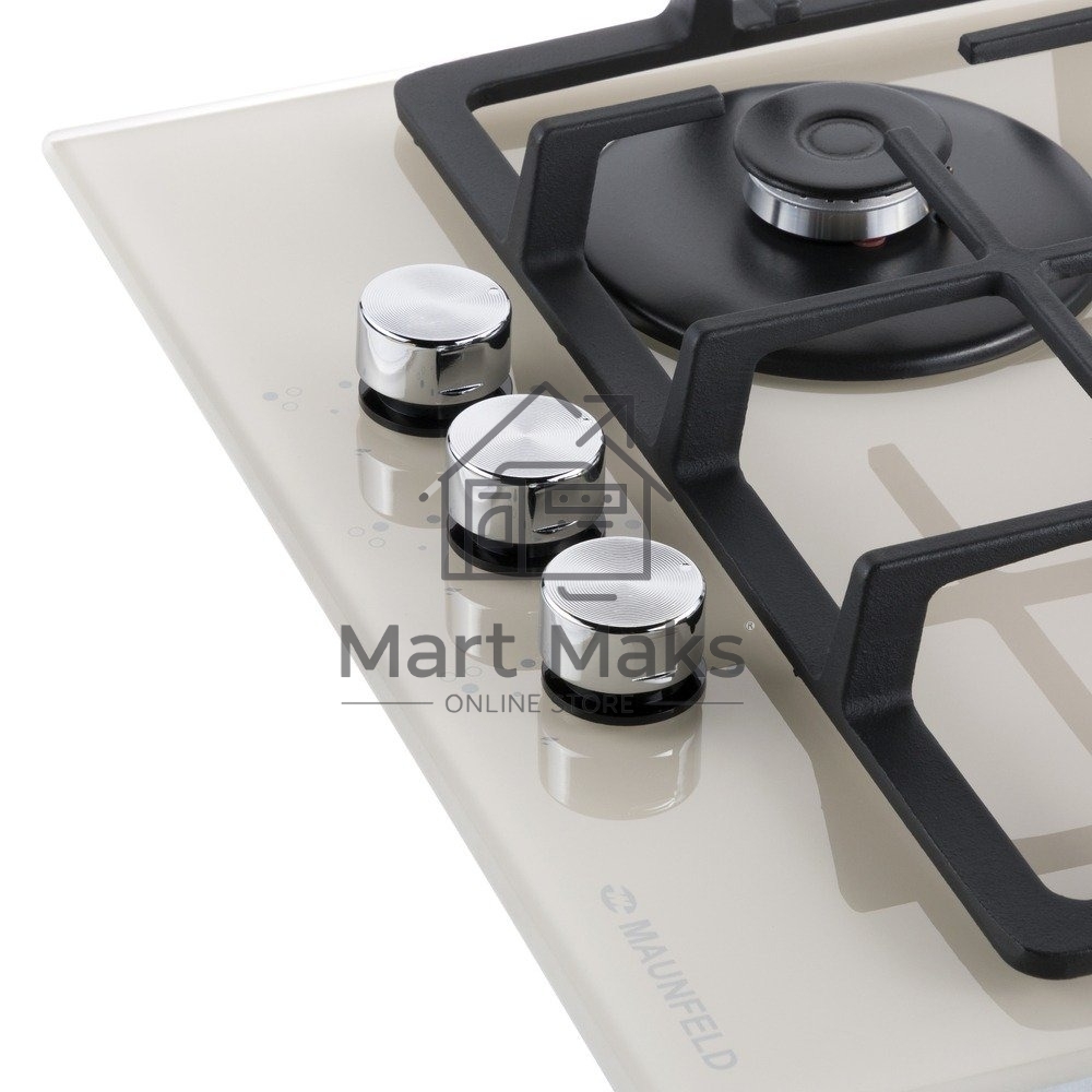 Газовая варочная панель Maunfeld EGHG.43.33CBG/G газ, ширина 45 см, 3 конфорки, WOK, чугунные решетки, газ-контроль, электроподжиг, бежевый