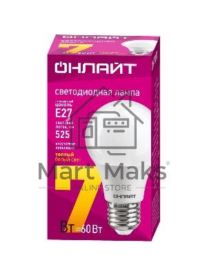 Лампа светодиодная ОНЛАЙТ 71647 OLL-A60-7-230-2.7K-E27 7Вт грушевидная 2700К тепл. белый E27 525лм 176-264В