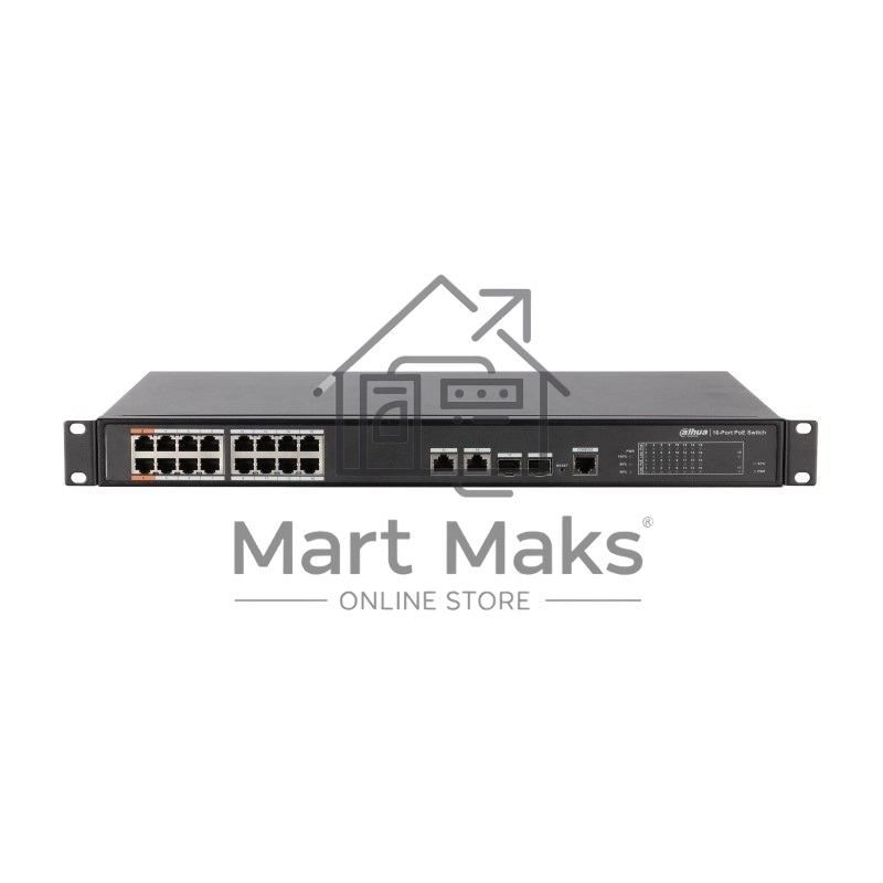 Коммутатор Dahua DH-PFS4218-16ET-190, 16×100 Мбит/с PoE + 2×1 Гбит/с Combo, управляемый
