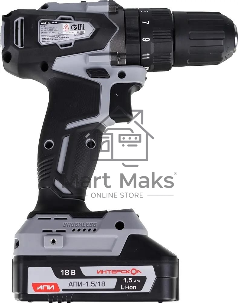 Дрель-шуруповерт аккумуляторная ИНТЕРСКОЛ ДАУ-13/18ВК, Аккумуляторный, 18В, 2 АКБ, Ударный, Кейс