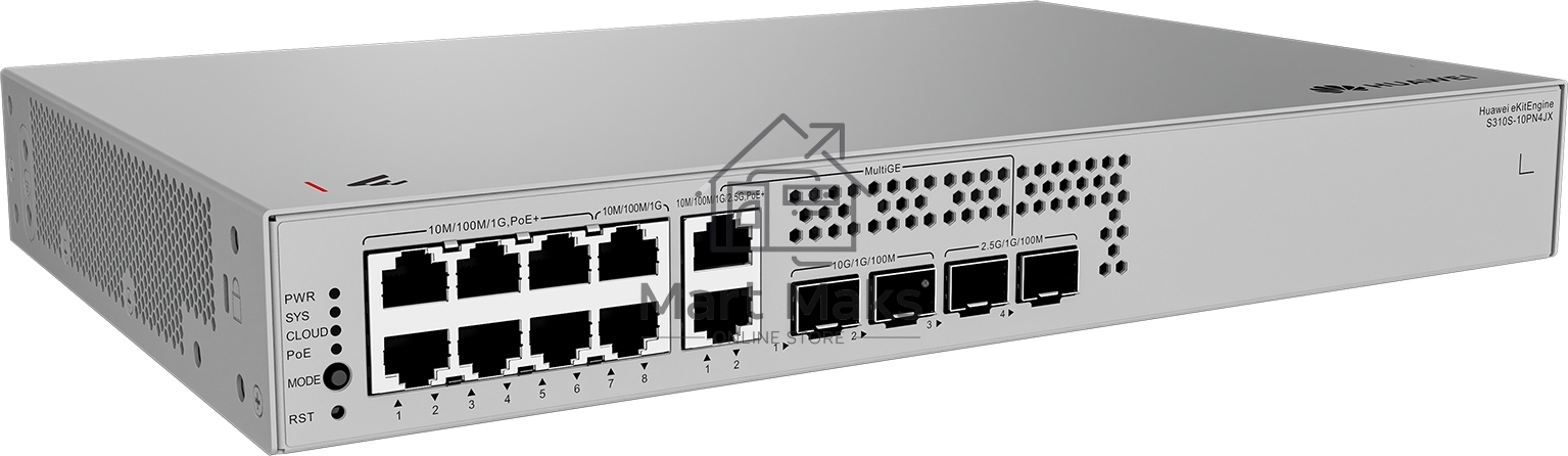 Коммутатор Huawei S310S-10PN4JX, 8×1 Гбит/с (6×PoE+) + 2×2,5 Гбит/с PoE+ + 2×2,5 Гбит/с SFP + 2×10 Гбит/с SFP+, управляемый