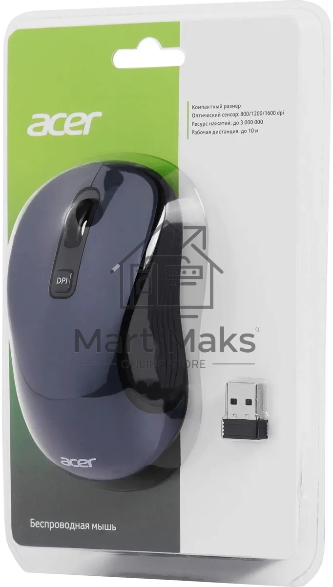 Мышь беспроводная Acer OMR306 черный/серый, 1600 dpi, радиоканал, USB, кнопки - 6