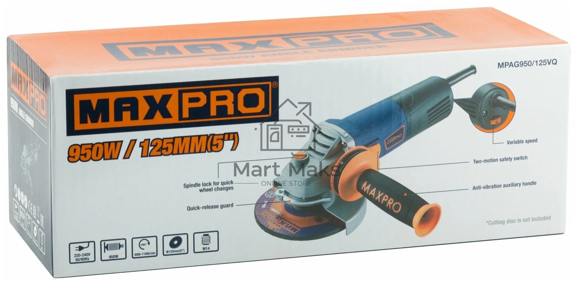 Шлифмашина угловая MAX-PRO MPAG950/125Q1 950 Вт, 3000-11000 об/мин, быстрозажимной кожух 125 мм, регулировка оборотов, антивибрационная ручка, дополнительные щетки,