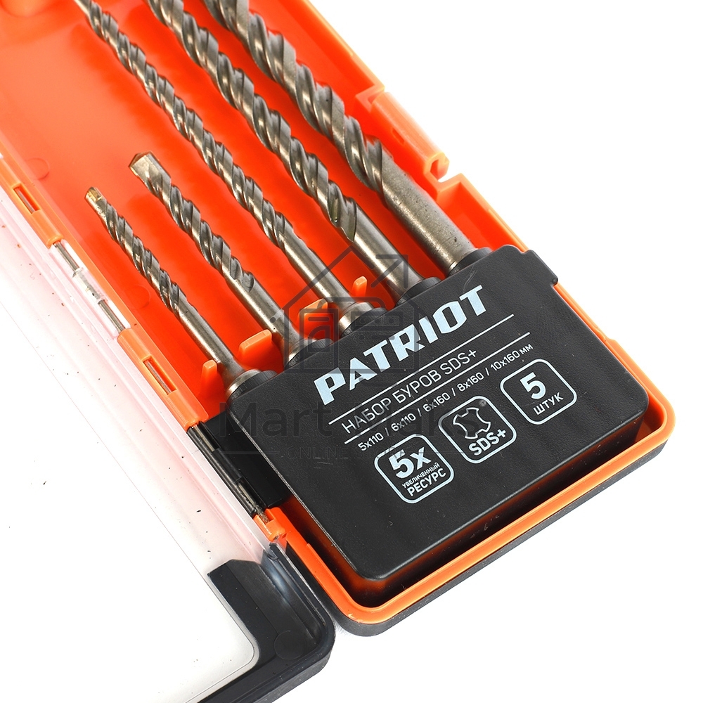 Набор буров PATRIOT SDS Plus, 5 шт: 5x110мм, 6x110мм, 6x160мм, 8x160мм, 10x160мм в боксе
