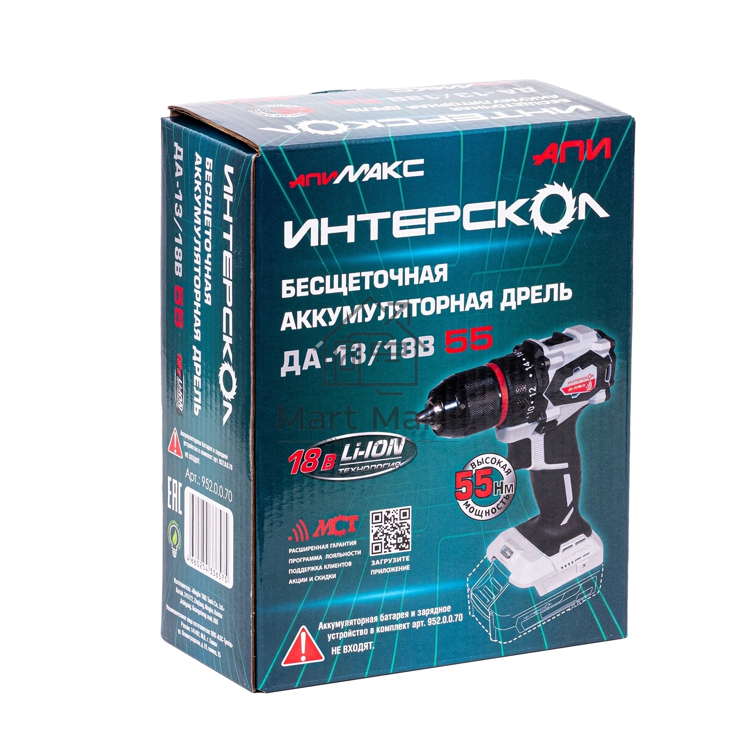 Дрель-шуруповерт Интерскол ДА-13/18В 55 без аккум. и ЗУ 600Вт аккум. патрон:быстрозажимной (952.0.0.70)