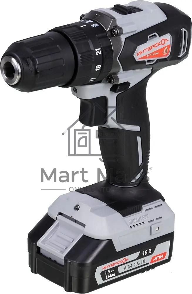 Дрель-шуруповерт аккумуляторная ИНТЕРСКОЛ ДАУ-13/18ВК, Аккумуляторный, 18В, 2 АКБ, Ударный, Кейс