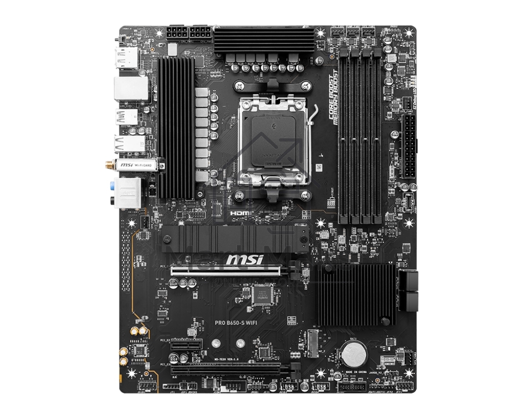 Материнская плата MSI PRO B650-S WIFI, AM5, AMD B650, 4xDDR5, 4xSATA, 2xM.2, 1xPCI-E 4.0 x16, 1xPCI-E 4.0 x4, 1xHDMI, 1xDP, 1x2.5Gb LAN, 3xUSB 3.2 Gen 1, 3xUSB 3.2 Gen 2, 6x3.5 мм, 7.1, Standard-ATX