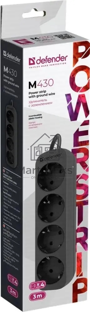 Удлинитель Defender M430 черный, 3 м, EURO, 4 розетки, 2200 Вт