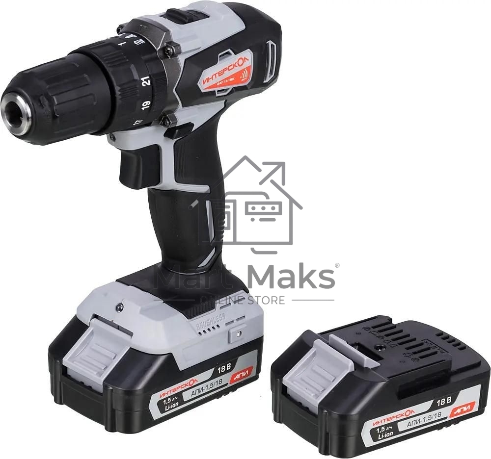 Дрель-шуруповерт аккумуляторная ИНТЕРСКОЛ ДАУ-13/18ВК, Аккумуляторный, 18В, 2 АКБ, Ударный, Кейс